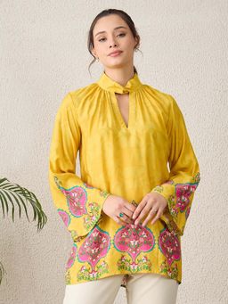 First Resort by Ramola Bachchan - Women Muslin Printed Yellow Top