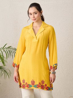 First Resort by Ramola Bachchan - Women Viscose Printed Yellow Top