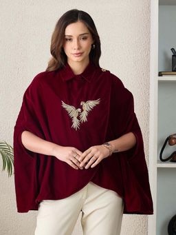 First Resort by Ramola Bachchan - Women Velvet Embroidered Maroon Top