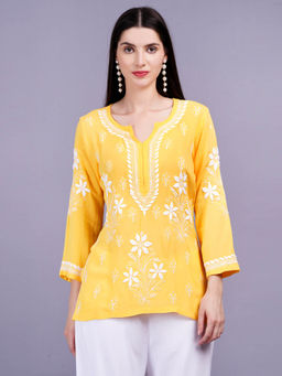 Sufiza Lifestyle - Modal Yellow Color Chikankari Embroidered Kurti