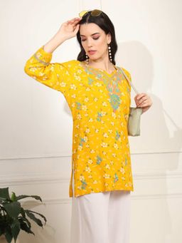 Sufiza Lifestyle - Yellow Color Viscose Cotton Kurti with Multicolor Chikankari Embroidery