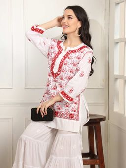 Sufiza Lifestyle - White and Red Thread Chikankari Embroidery Cotton Kurti
