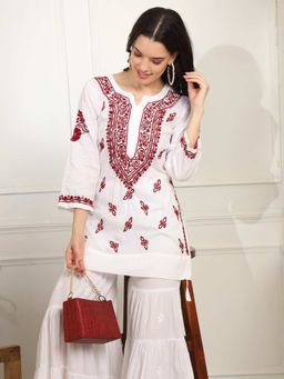 Sufiza Lifestyle - White and Maroon Thread Chikankari Embroidery Kurti