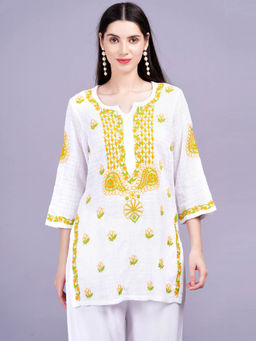 Sufiza Lifestyle - Dobby Cotton White Color Yellow Thread Chikankari Embroidery Kurti