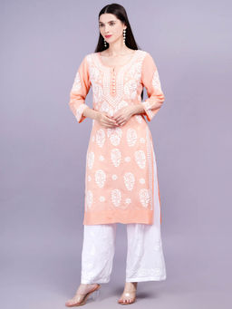 Sufiza Lifestyle - Light Orange Modal Chikankari Embroidered Kurta