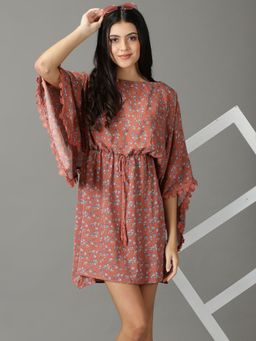 SHOWOFF - Womens Printed Boat Neck Rust Mini Dress