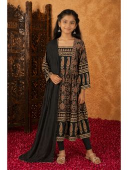 Aarika - Girls Black Damask Print Kurta