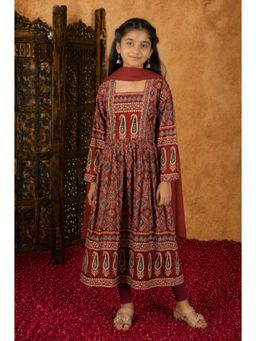 Aarika - Girls Maroon Damask Print Kurta