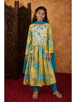Aarika - Girls Sea Green Floral Print Sequin Thread Embroidery Kurta