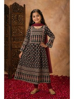 Aarika - Girls Black Damask Print Kurta