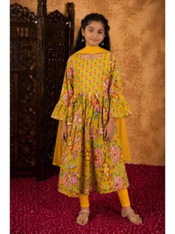 Aarika - Girls Mustard Floral Print Kurta