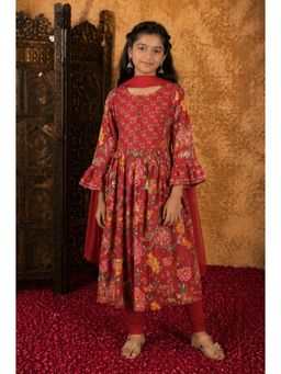 Aarika - Girls Red Floral Print Kurta