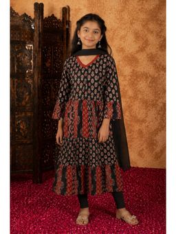 Aarika - Girls Black Floral Print Kurta