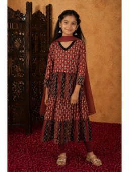 Aarika - Girls Maroon Floral Print Kurta