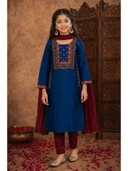 Aarika - Girls Navy Blue Thread Embroidery Mirror Work Kurta