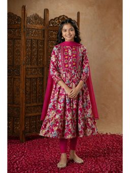 Aarika - Girls Rani Floral Print Sequins Thread Embroidery Kurta