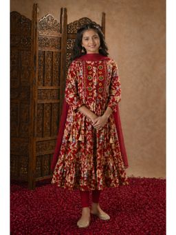 Aarika - Girls Red Floral Print Sequins Thread Embroidery Kurta