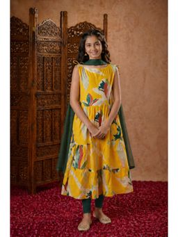 Aarika - Girls Yellow Floral Print Kurta
