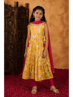 Aarika - Girls Yellow Floral Print Kurta