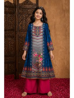 Aarika - Girls Navy Blue Rani Floral Print Kurta With Palazzo
