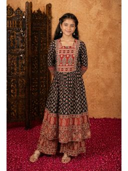 Aarika - Girls Black Floral Print Kurta With Palazzo