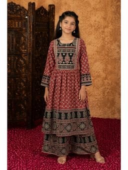Aarika - Girls Maroon Floral Print Kurta With Palazzo