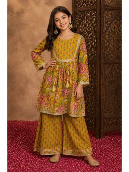 Aarika - Girls Mustard Floral Print Kurta With Palazzo