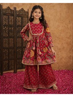 Aarika - Girls Red Floral Print Kurta With Palazzo