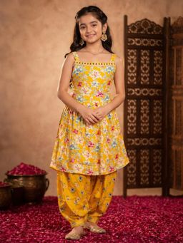 Aarika - Girls Yellow Floral Print Kurta With Salwar