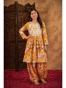 Aarika - Girls Yellow Floral Print Embroidery Kurta With Salwar