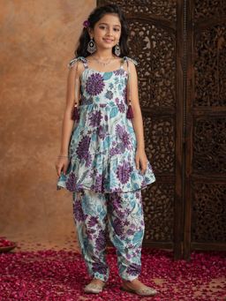 Aarika - Girls Sky Blue Floral Print Kurta With Salwar