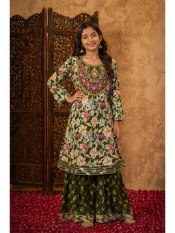 Aarika - Girls Green Floral Print Thread Embroidery Kurta With Sharara