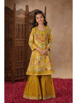 Aarika - Girls Mustard Floral Print Embroidery Kurta With Sharara