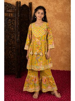 Aarika - Girls Mustard Floral Print Gota Work Kurta With Sharara