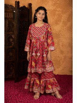 Aarika - Girls Red Floral Print Gota Work Kurta With Sharara