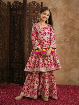 Aarika - Girls Rani Floral Print Gota Work Kurta With Sharara