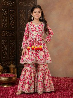 Aarika - Girls Red Floral Print Gota Work Kurta With Sharara