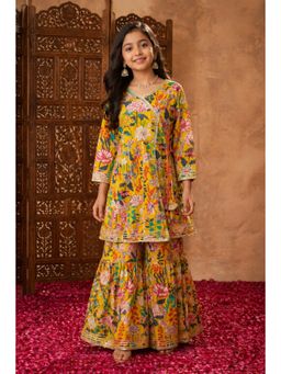 Aarika - Girls Mustard Floral Print Kurta With Sharara