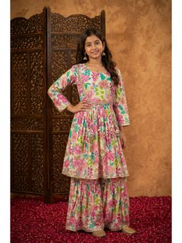 Aarika - Girls Multi-Colour Floral Print Gota Work Kurta With Sharara