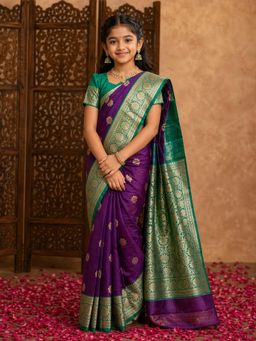 Aarika - Girls Rama-Purple Zari Work Saree With Blouse