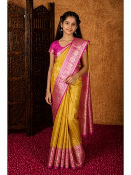 Aarika - Girls Rani-Gold Zari Work Saree With Blouse