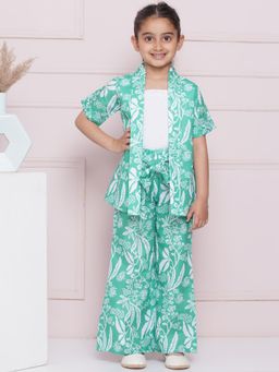 AJ Dezines - Half Sleeves Green Tropical Print Cotton Top Pant and Shrug for Girls (Set of 3)