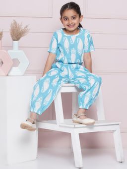 AJ Dezines - Half Sleeves Blue Paisley Print Cotton Top and Pant for Girls (Set of 2)