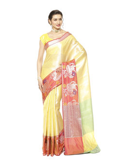 Banarasi Silk Works - Yellow Zari Kanchi Silk Tanchoi Meena Saree with Unstitched Blouse