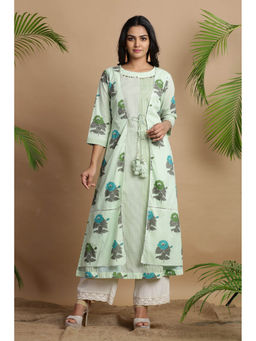 Juniper - Green Cambric Printed Jacket Style Kurta