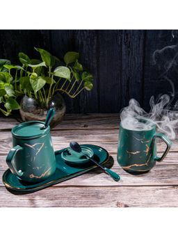 Gibox - Green Ceramic Mug With Lid, Spoon & Tray Unique Drinkware Stylish Milk Coffee Mug