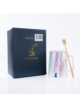 Gibox - Trendy Ceramic Printed Coffee Mug With Lid & Spoon For Women & Men Stylish Cup Gift