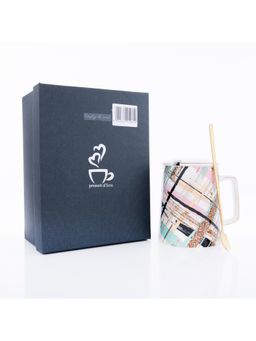 Gibox - Trendy Ceramic Printed Coffee Mug With Lid & Spoon For Women & Men Stylish Cup Gift
