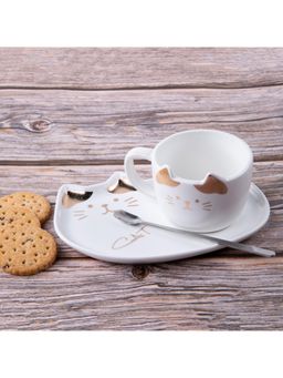 Gibox - Feline White Ceramic Cup Set With Saucer Cup & Spoon For Cat Lovers & Precious Gift