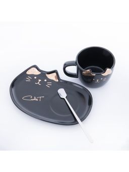 Gibox - Feline Black Ceramic Cup Set With Saucer Cup & Spoon For Cat Lovers & Precious Gift